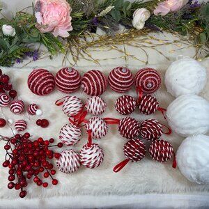 24 Red white ornaments plus tree fillers last 4 ornaments are glass used once